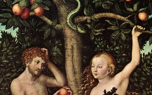 Lucas Cranach painting of Eve giving Adam the forbidden fruit